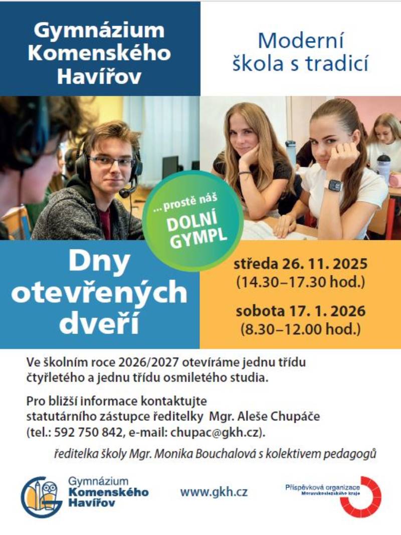 Pozvání na akci - Dny otevřených dveří Gymnázium Komenského Havířov