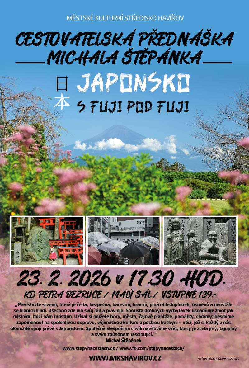 Pozvání na akci - Cestovatelská přednáška Michala Štěpánka – Japonsko s Fuji pod Fuji